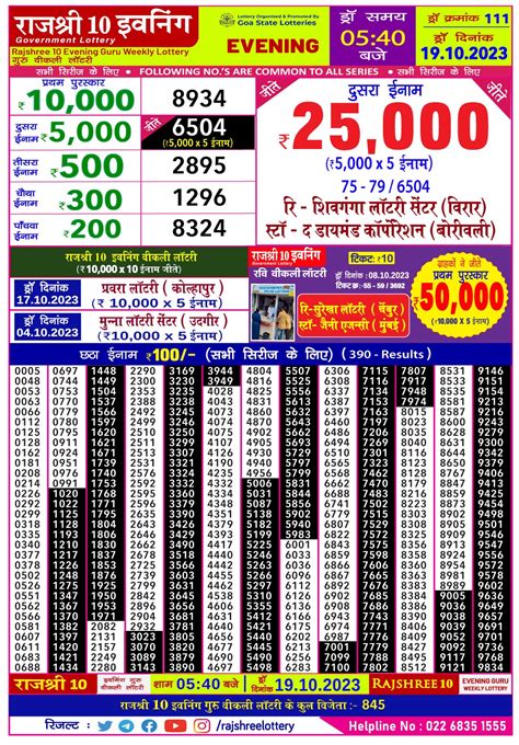 rajshree 10 evening guru weekly lottery result today